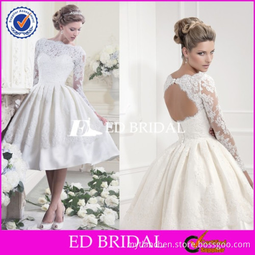 CE852 Sexy Heart Shaped Back Classic Bateau Neckline Lace Long Sleeve Short Wedding Dress